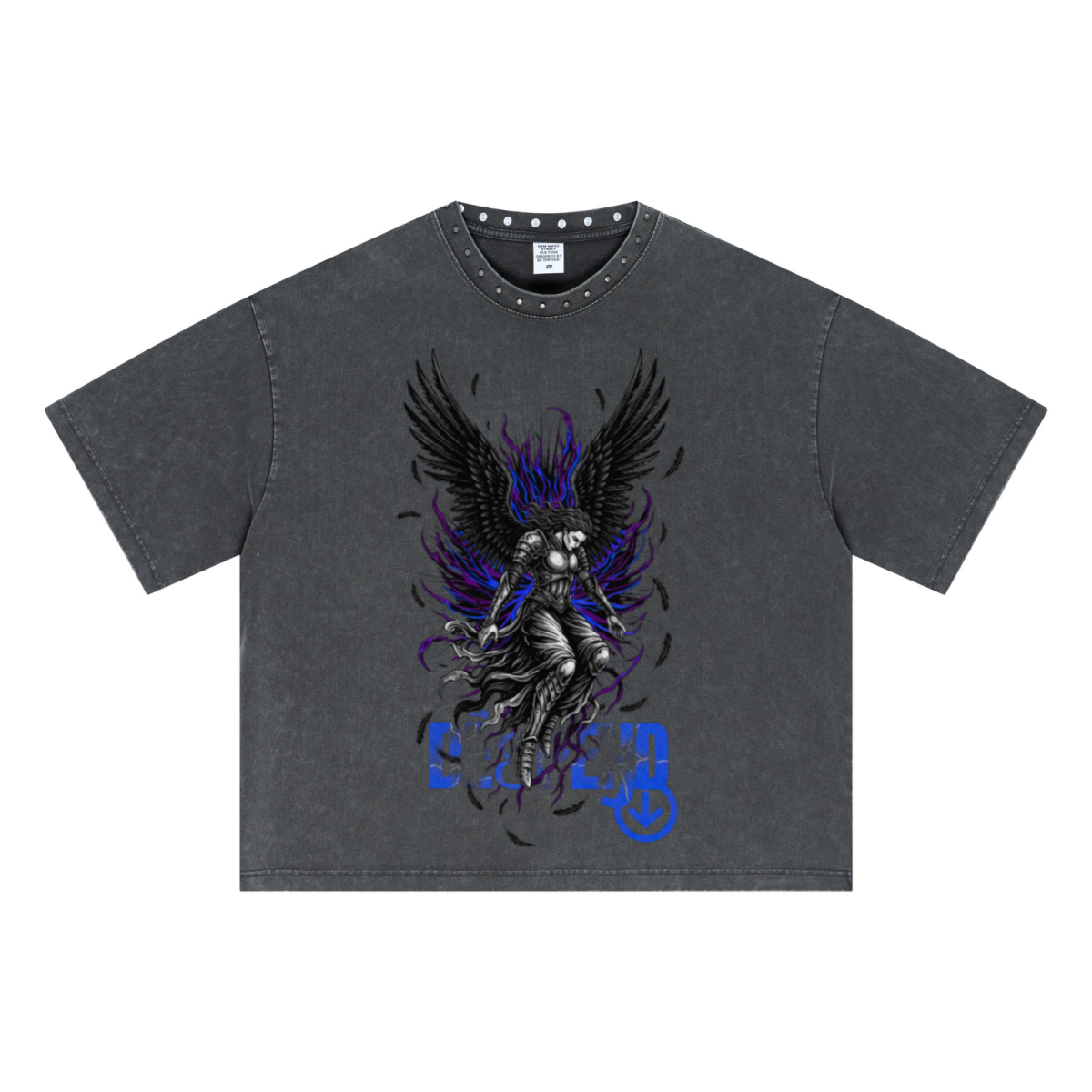 310GSM Men’s Boxy-Fit Distressed Fried-Color Snow-Wash Studded Loose T-shirt Vintage dark gray