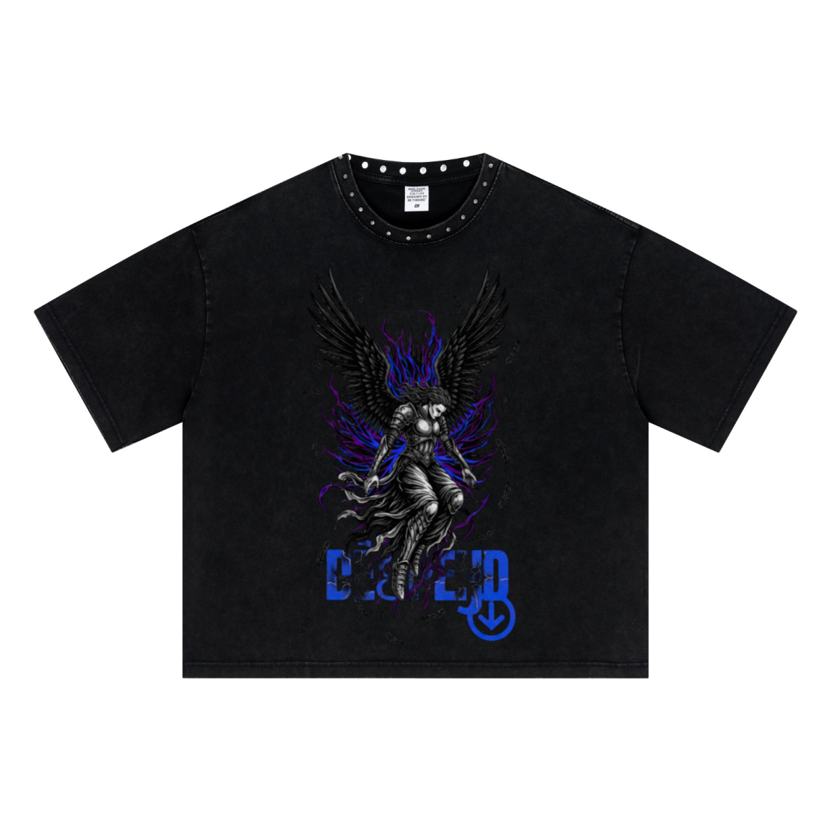 310GSM Men’s Boxy-Fit Distressed Fried-Color Snow-Wash Studded Loose T-shirt Vintage black