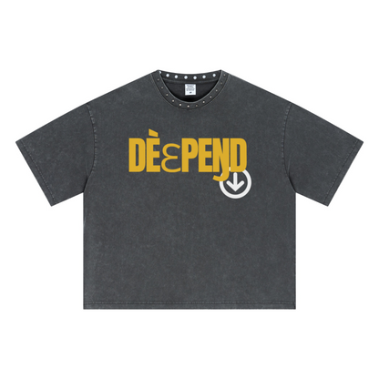 310GSM Men’s Boxy-Fit Distressed Fried-Color Snow-Wash Studded Loose T-shirt Vintage dark gray