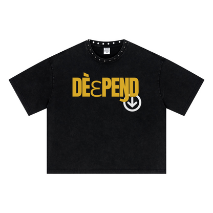 310GSM Men’s Boxy-Fit Distressed Fried-Color Snow-Wash Studded Loose T-shirt Vintage black