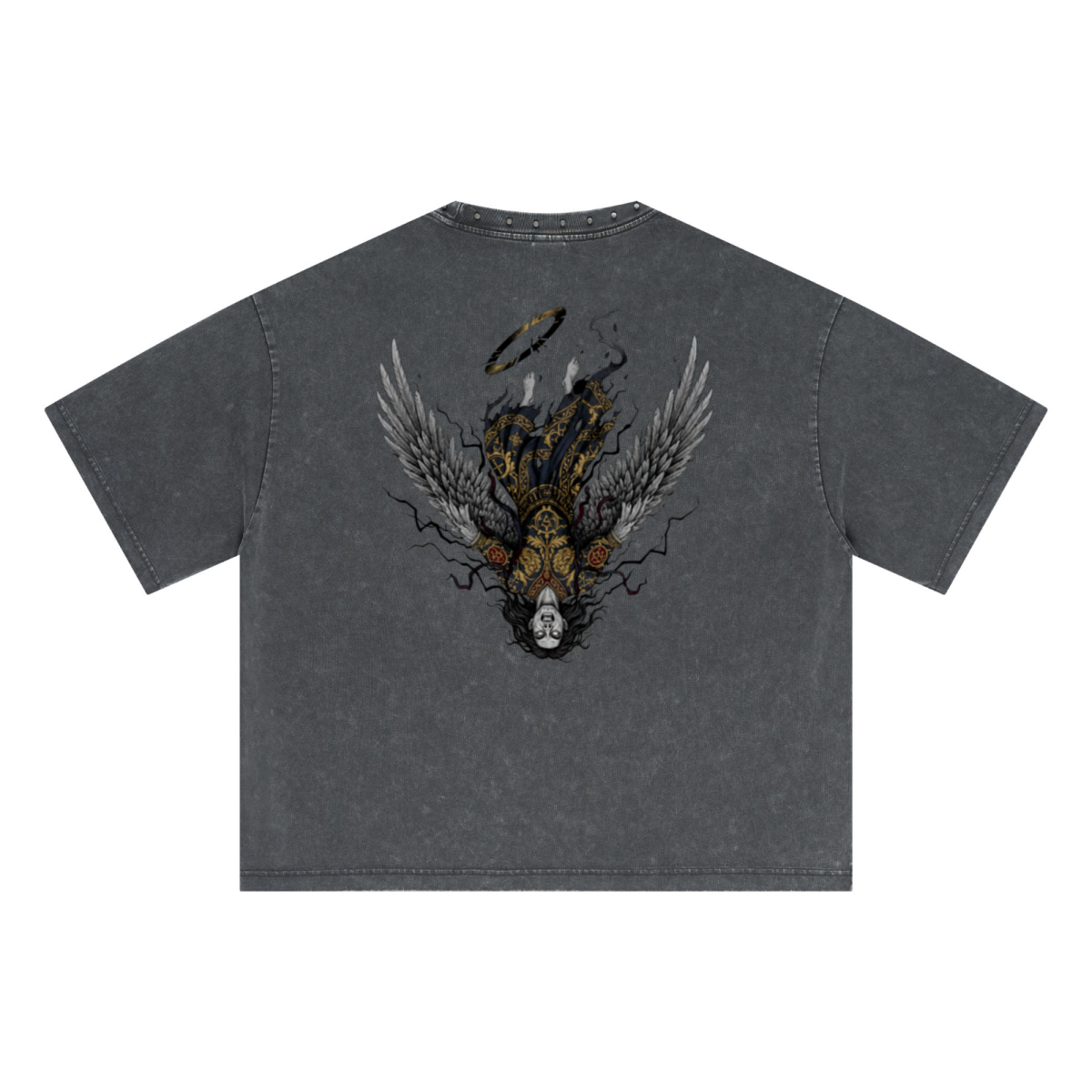 310GSM Men’s Boxy-Fit Distressed Fried-Color Snow-Wash Studded Loose T-shirt Vintage dark gray