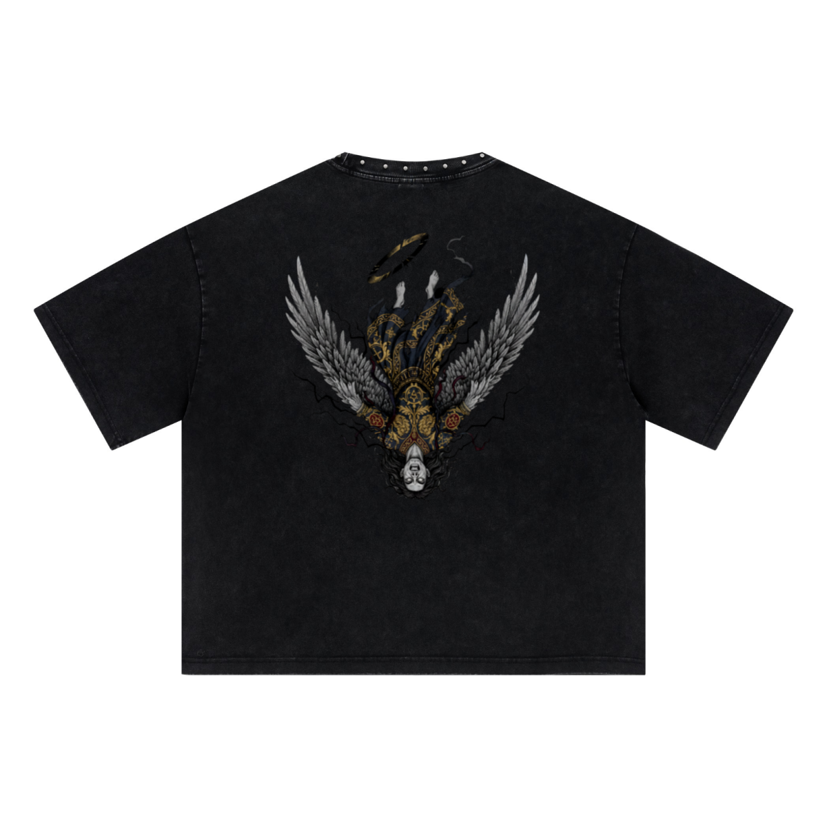 310GSM Men’s Boxy-Fit Distressed Fried-Color Snow-Wash Studded Loose T-shirt Vintage black