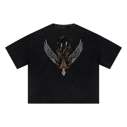 310GSM Men’s Boxy-Fit Distressed Fried-Color Snow-Wash Studded Loose T-shirt Vintage black