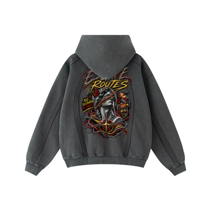 360GSM Men’s Structured Panel Raw-Edge Fleece-Lined Distressed Snow-Wash Zip-Up Hoodie Dark Grey