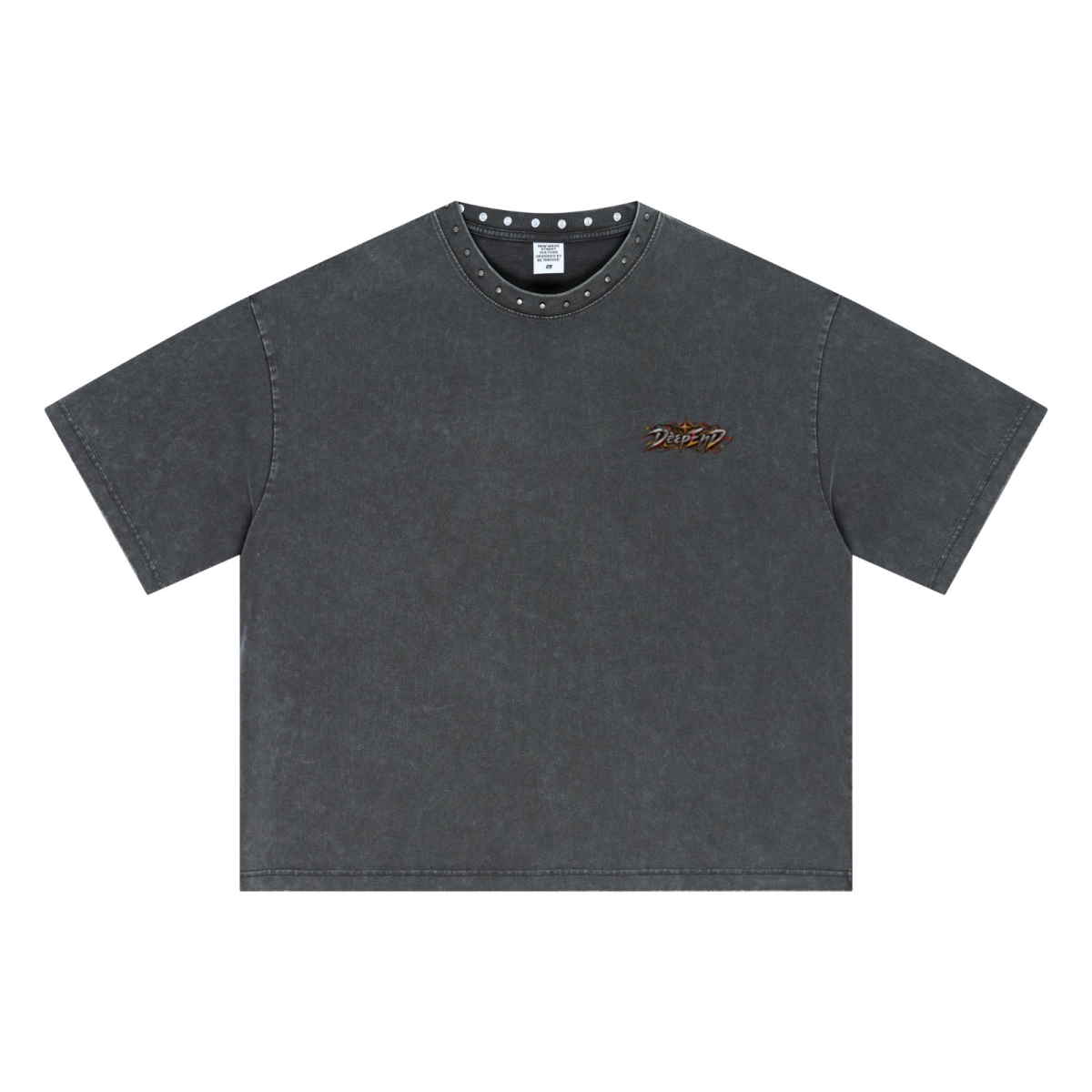 310GSM Men’s Boxy-Fit Distressed Fried-Color Snow-Wash Studded Loose T-shirt Vintage dark gray