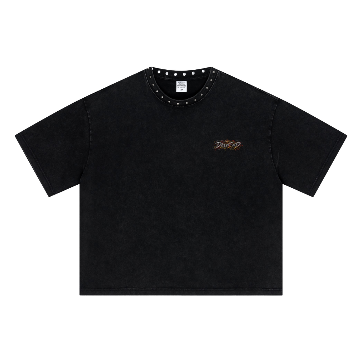 310GSM Men’s Boxy-Fit Distressed Fried-Color Snow-Wash Studded Loose T-shirt Vintage black