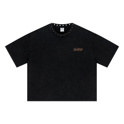 310GSM Men’s Boxy-Fit Distressed Fried-Color Snow-Wash Studded Loose T-shirt Vintage black