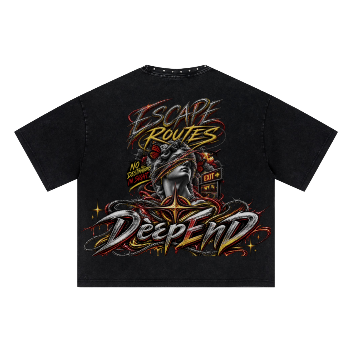 310GSM Men’s Boxy-Fit Distressed Fried-Color Snow-Wash Studded Loose T-shirt Vintage black