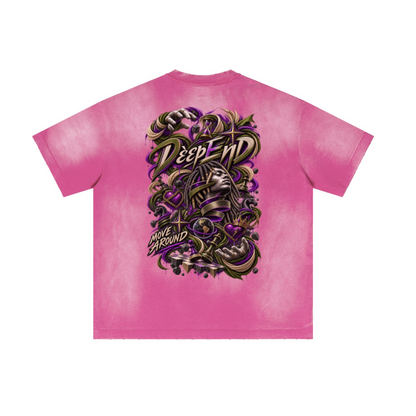 285GSM Unisex Vintage-Wash Ripped Raw-Edge T-Shirt Vintage Rose Pink