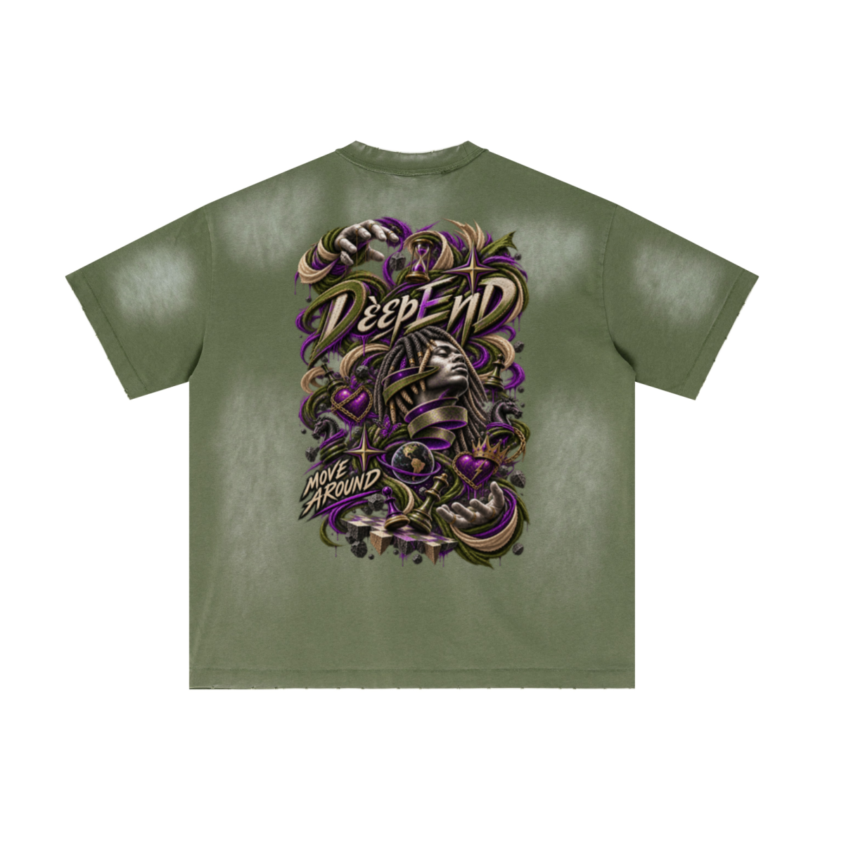 285GSM Unisex Vintage-Wash Ripped Raw-Edge T-Shirt Vintage Military Green