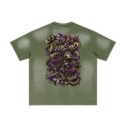 285GSM Unisex Vintage-Wash Ripped Raw-Edge T-Shirt Vintage Military Green