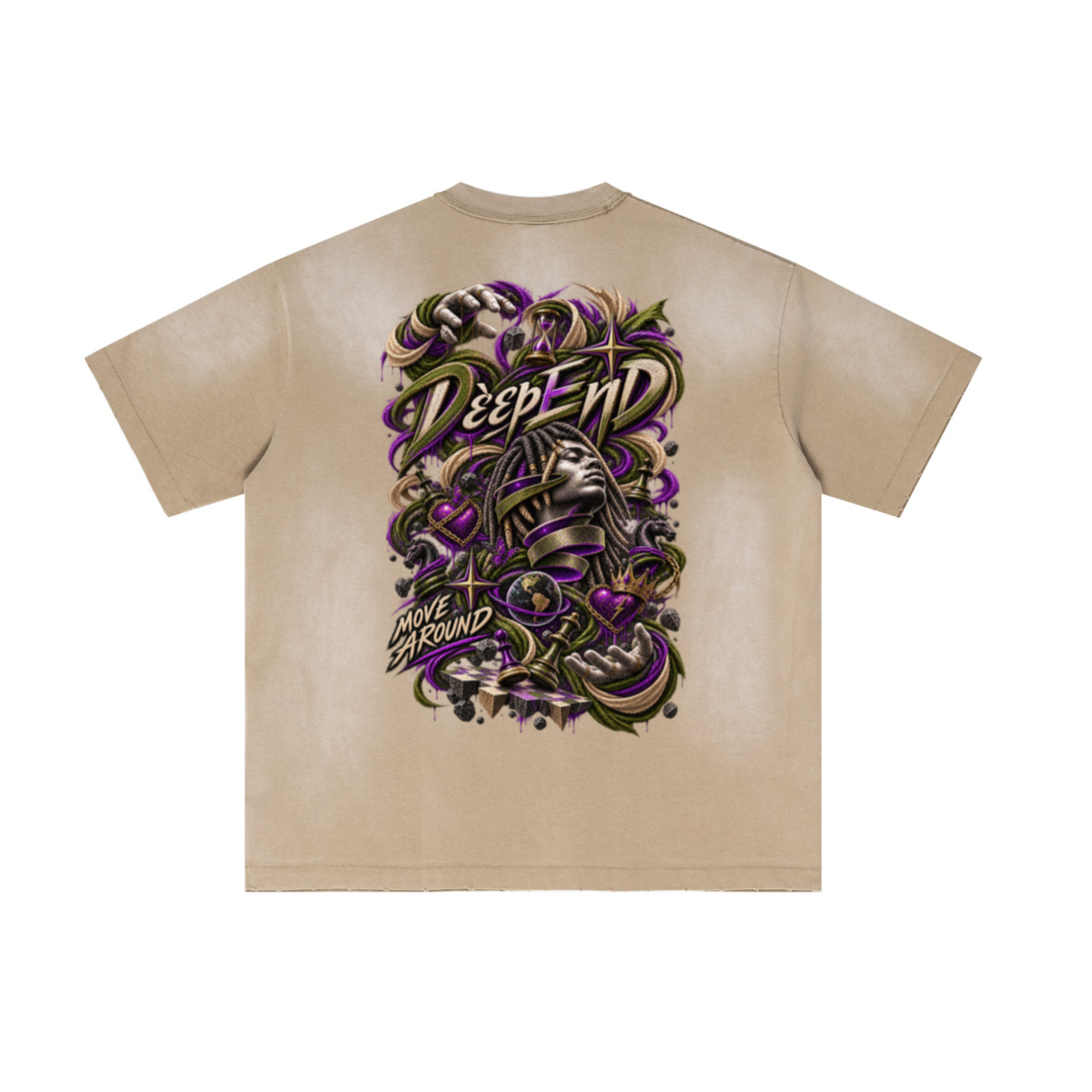 285GSM Unisex Vintage-Wash Ripped Raw-Edge T-Shirt Vintage Khaki
