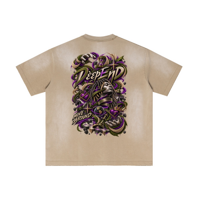 285GSM Unisex Vintage-Wash Ripped Raw-Edge T-Shirt Vintage Khaki