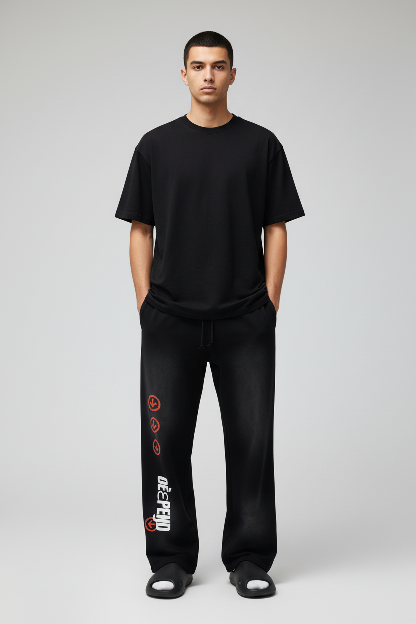 Model in DèɛpEŋD sweatpants with Yeezy slides
