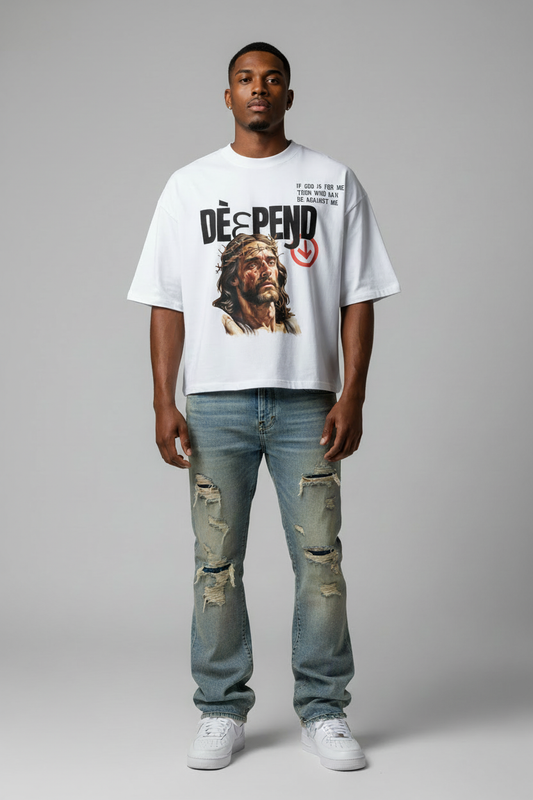 Model in oversized tee with correct design