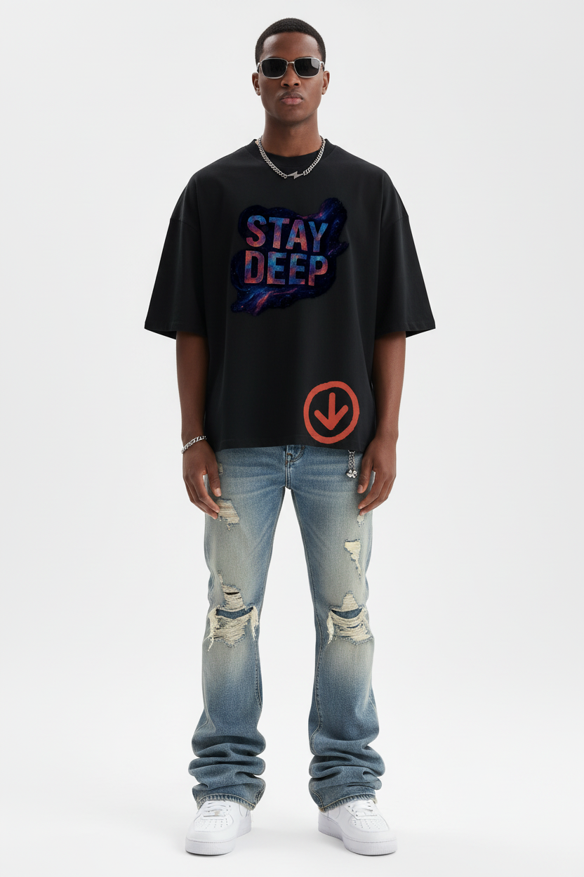 Model in Stay Deep tee with stacked jeans and AF1s