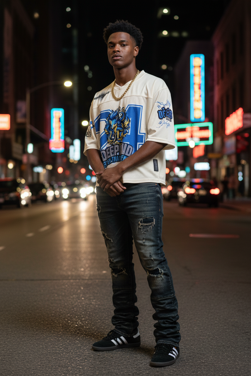 Model - Jersey with Skinny Flare Stacked Jeans