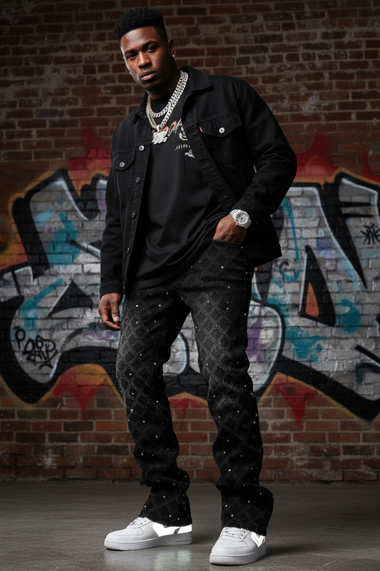 Model wearing black rhinestone stacked leg jeans