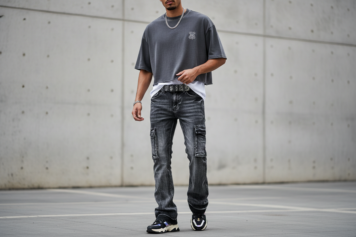 Model wearing boot cut cargo jeans in urban streetwear style