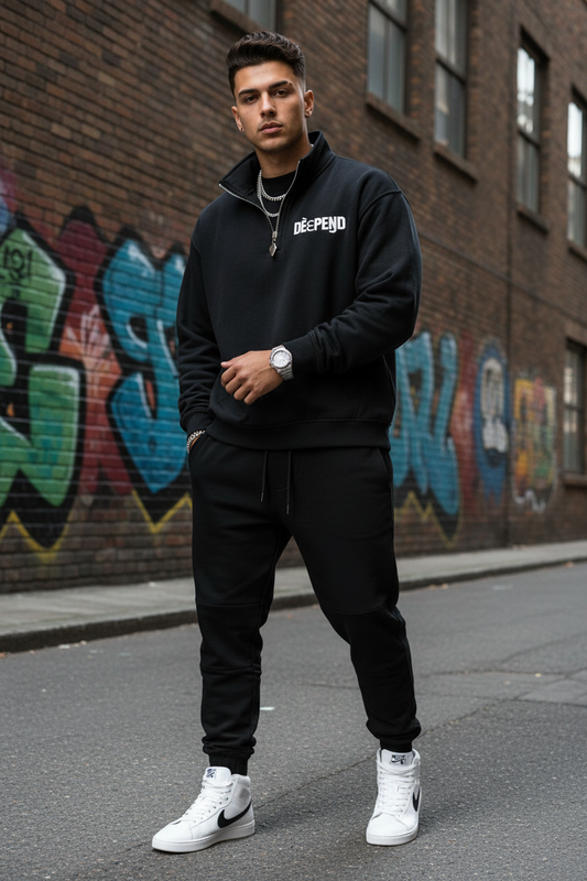Model wearing DèɛpEŋD black quarter-zip sweatshirt