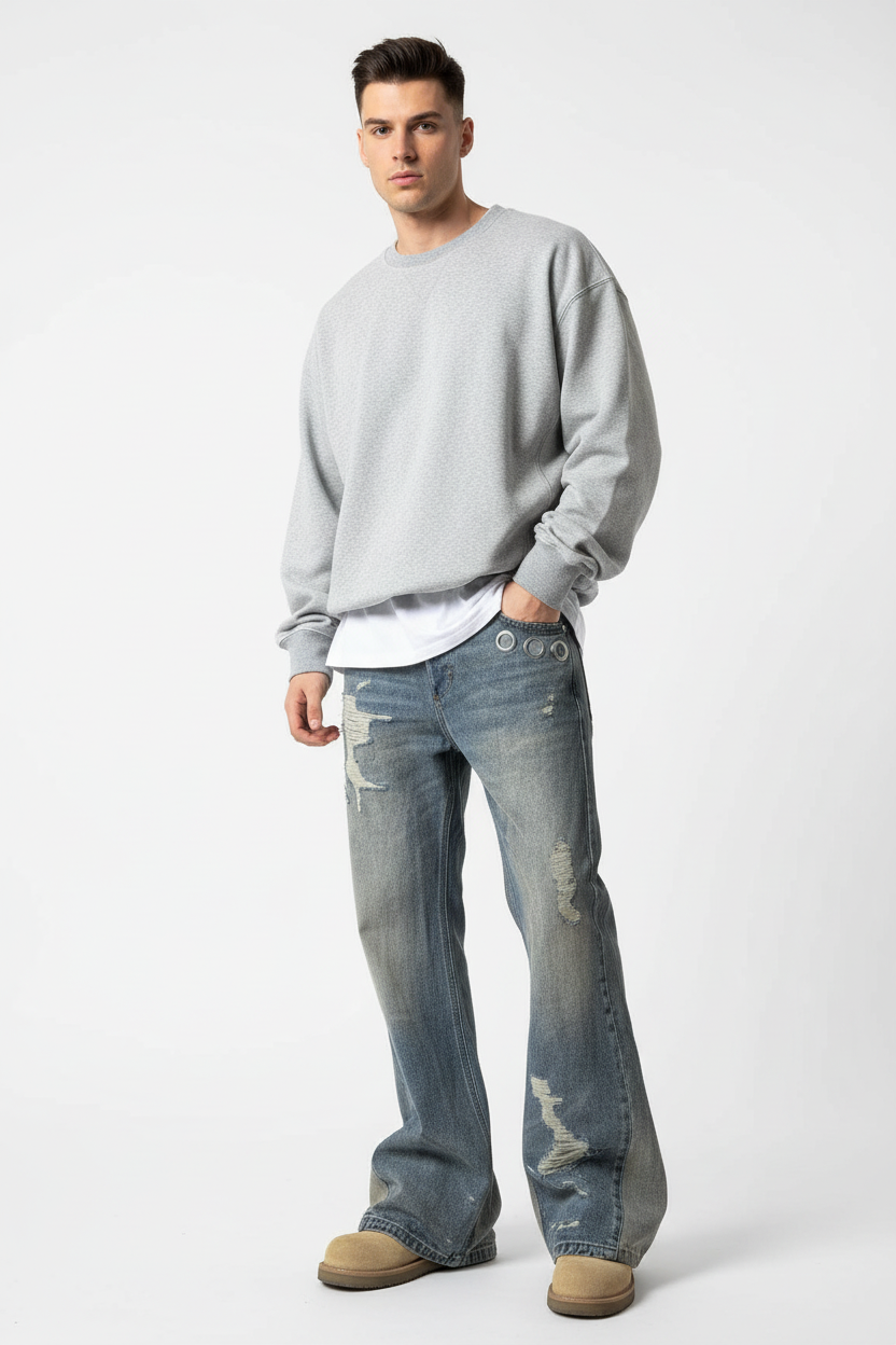 Model wearing distressed flared jeans with sweatshirt