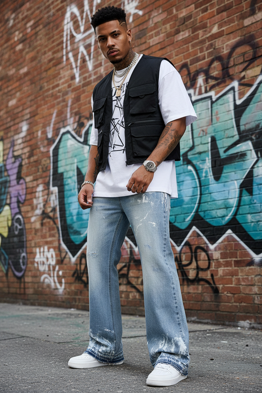 Model wearing light blue distressed wide-leg jeans