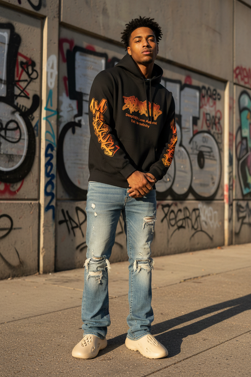 Model Wearing WaveMaker Hoodie with Stacked Jeans