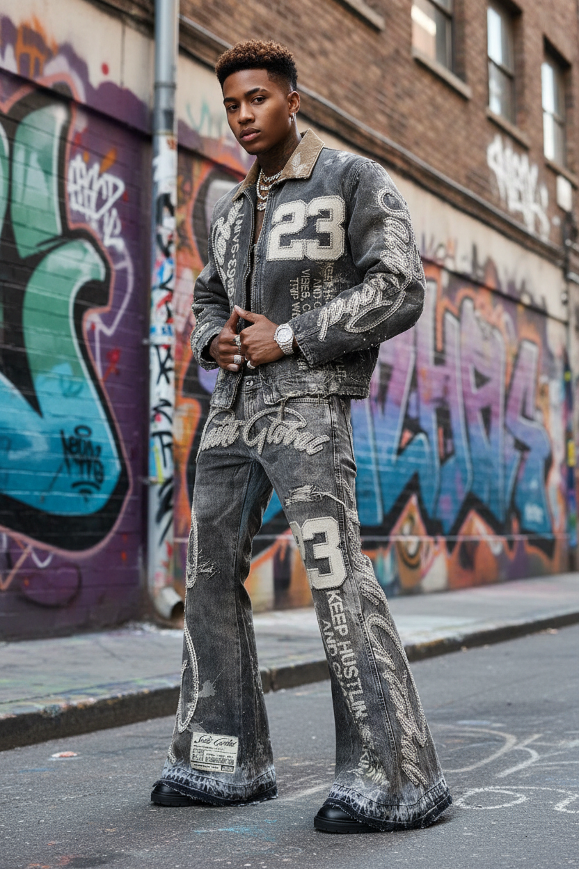 Model with accurate wide-leg I'm Global denim