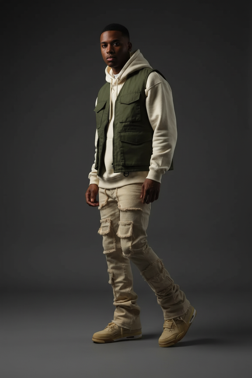 Patched Stacked Flare Jeans – Model Shot