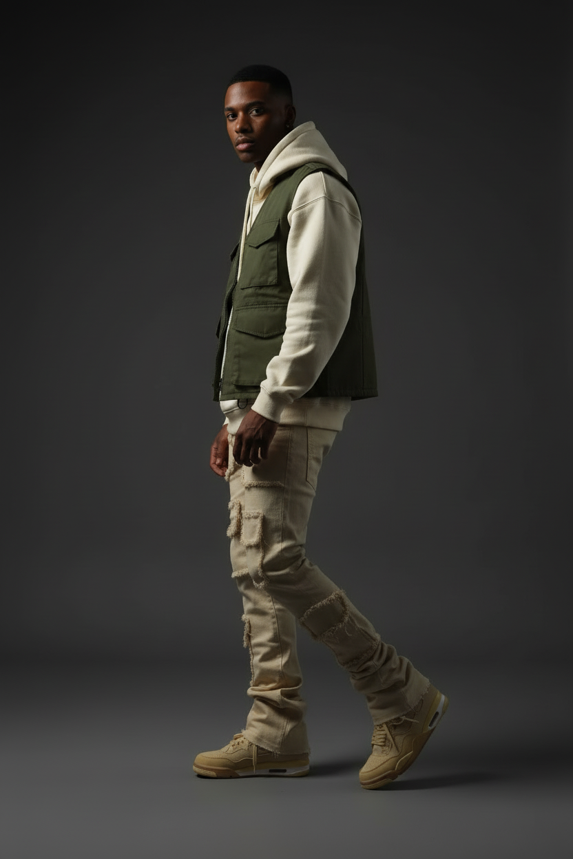 Patched Stacked Flare Jeans – Side