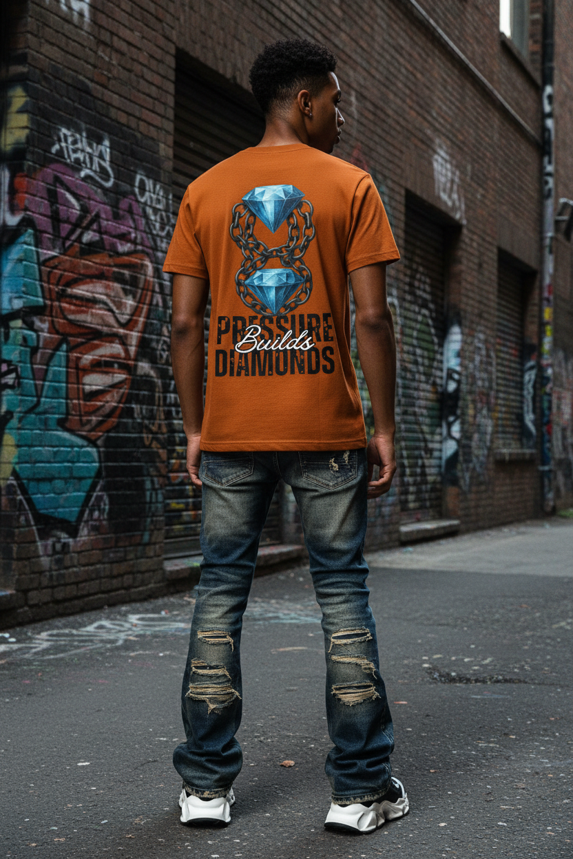 Pressure Builds Diamonds Tee — Back View Model
