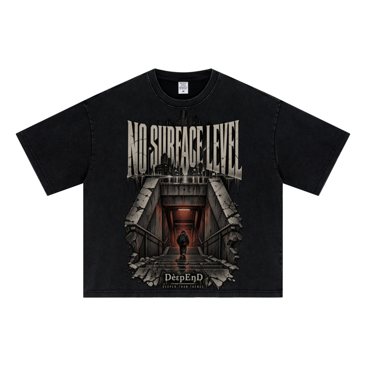 285GSM Unisex Boxy-Fit Distressed Fried-Color Snow-Wash Loose T-shirt Vintage Black