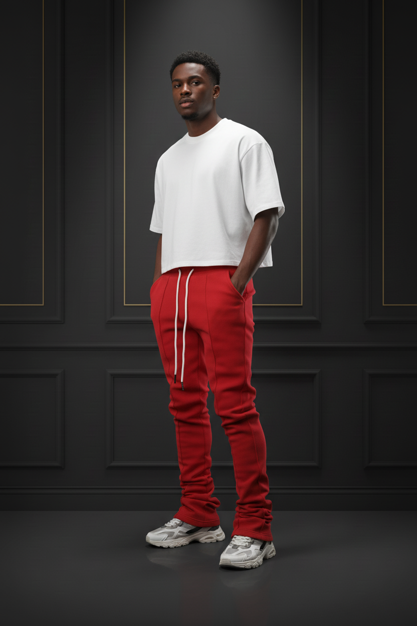 Red Stacked Sweats Model