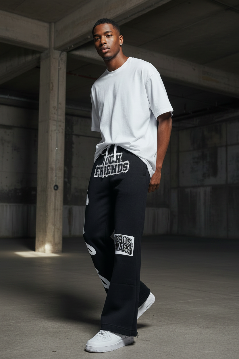 RICH FRIENDS Black Joggers – Half Inch More Stack