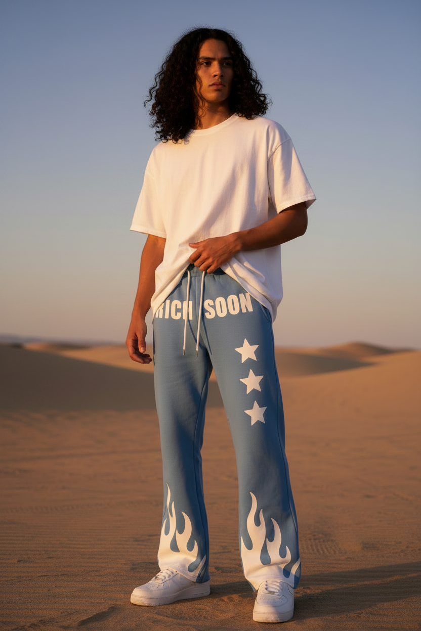 RICH SOON Blue Joggers – Plain White Tee, AF1s