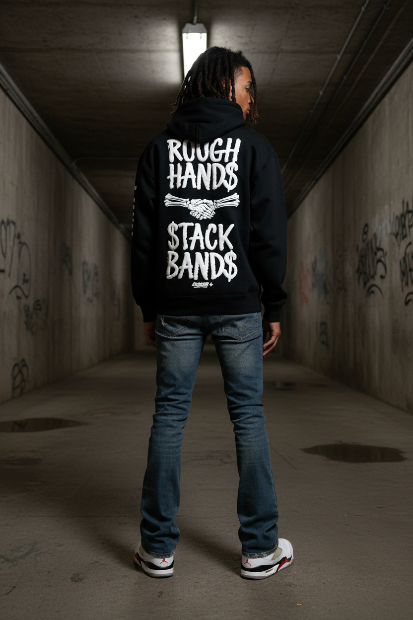 Rough Hands Hoodie - Back Graphic Clean Sleeves