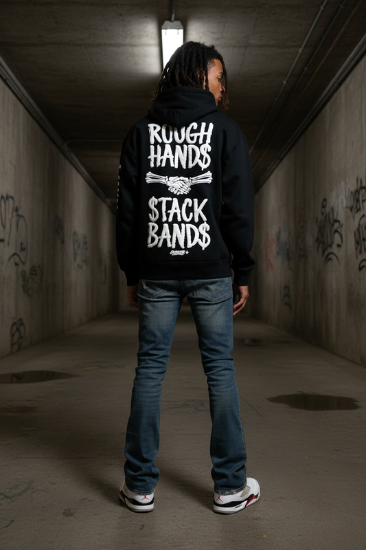 Rough Hands Hoodie - Back Graphic Clean Sleeves