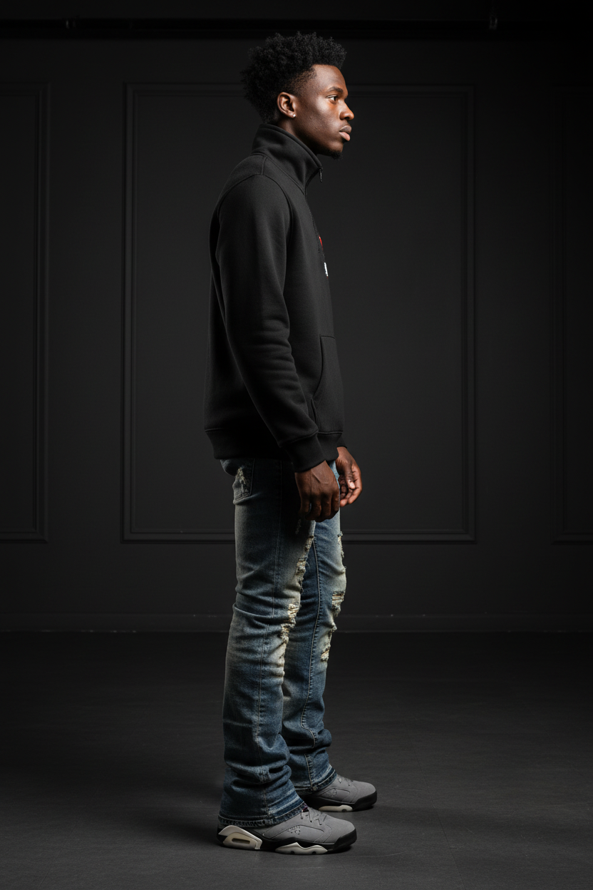 Side — DèɛpEŋD Quarter Zip Model (Clean Sleeves)