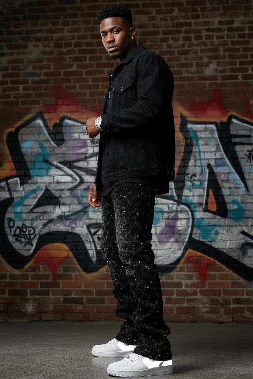 Side profile view of rhinestone stacked jeans