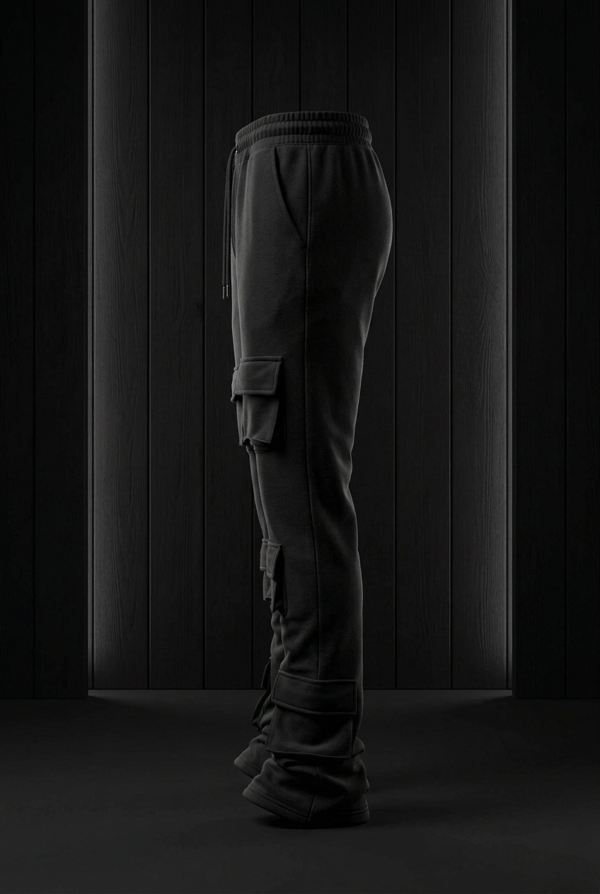 Side-view 3D jogger mockup in a black studio with black wooden panels