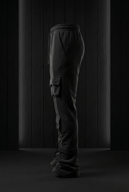 Side-view 3D jogger mockup in a black studio with black wooden panels