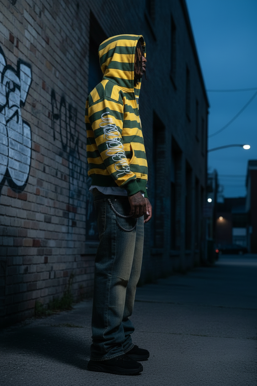 Side View - Model in Hoodie & Oversized Jeans