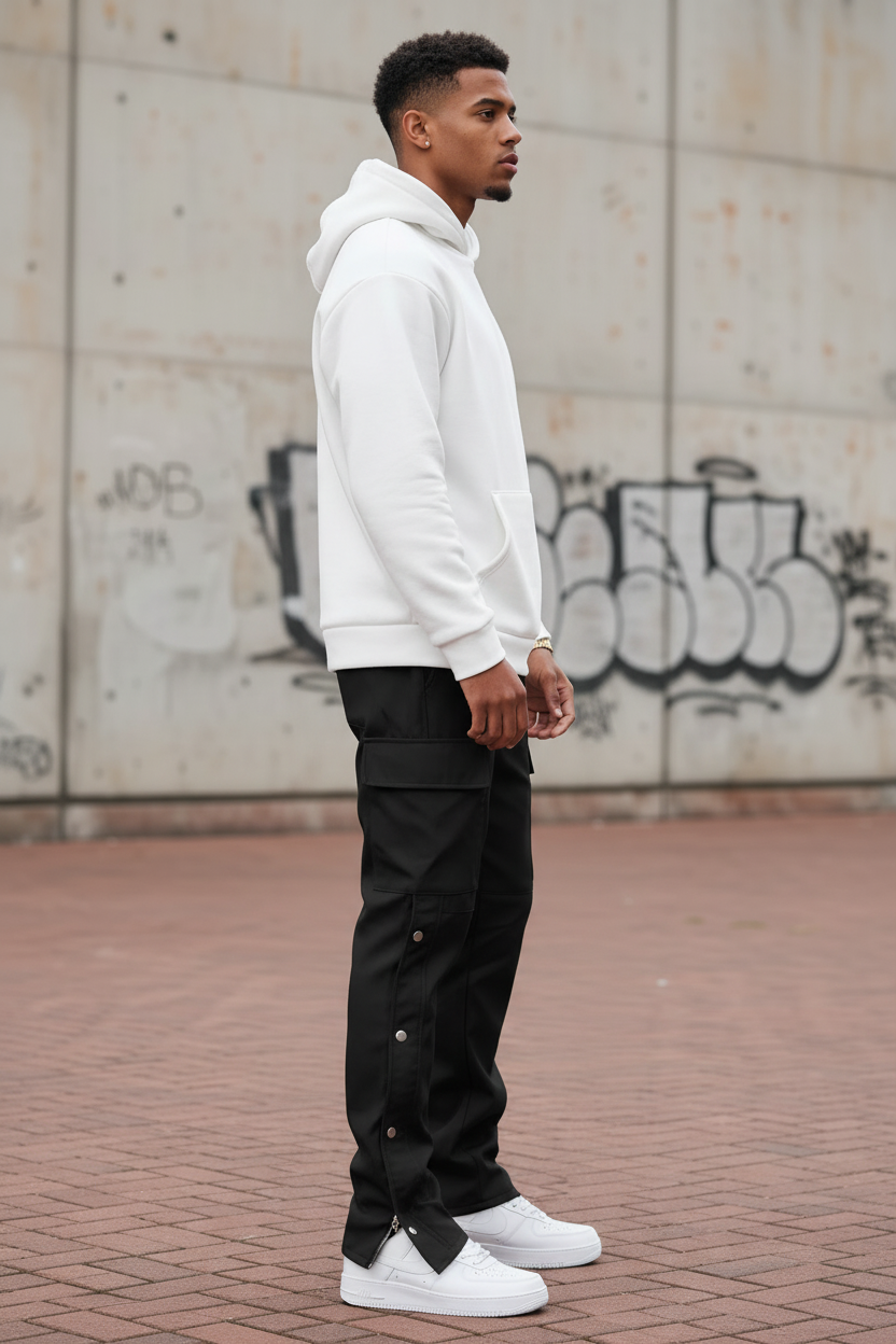 Side view of same model in black cargo pants