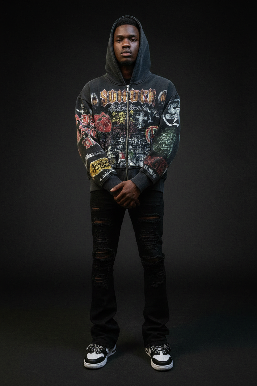 SunCity Retro Hoodie Black — Dead-On Front Facing