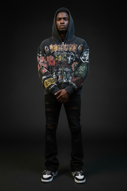 SunCity Retro Hoodie Black — Dead-On Front Facing