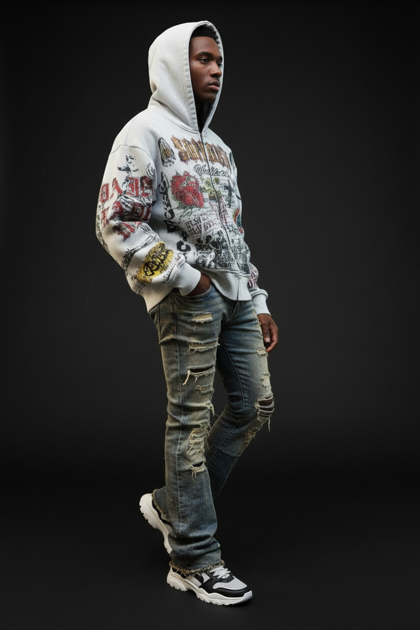 SunCity Retro Hoodie White — Relaxed Model Pose