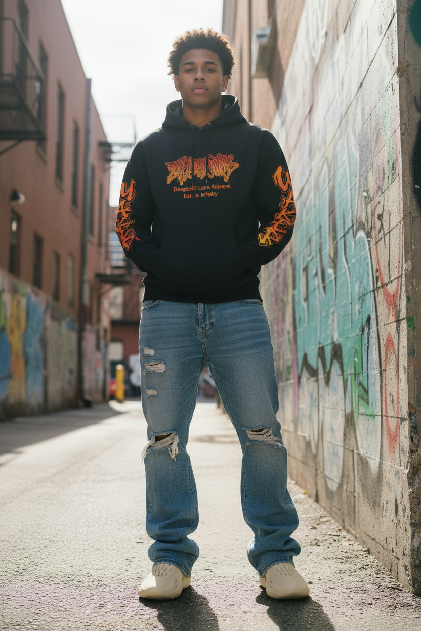 Tall Slim Model - WaveMaker Hoodie with Loose Stacked Jeans
