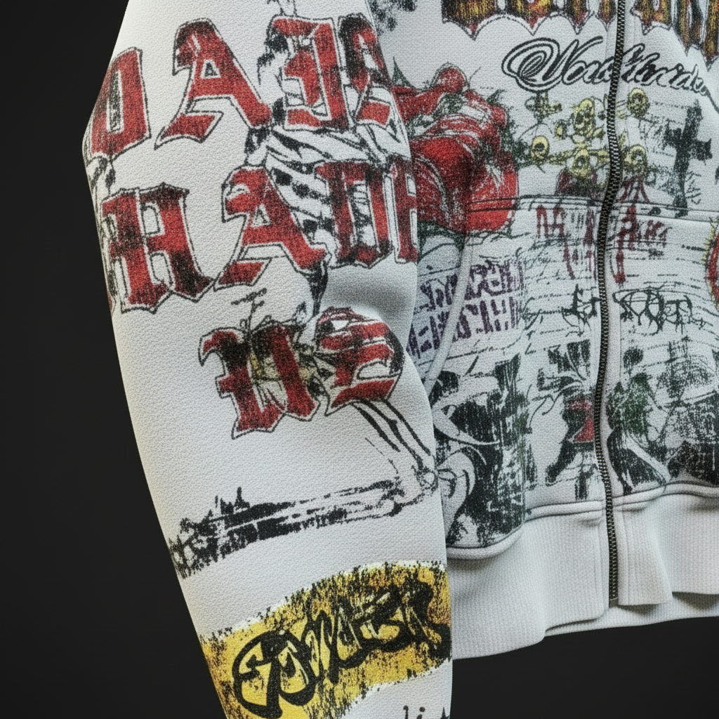 White SunCity Retro Hoodie — Sleeve Close Up