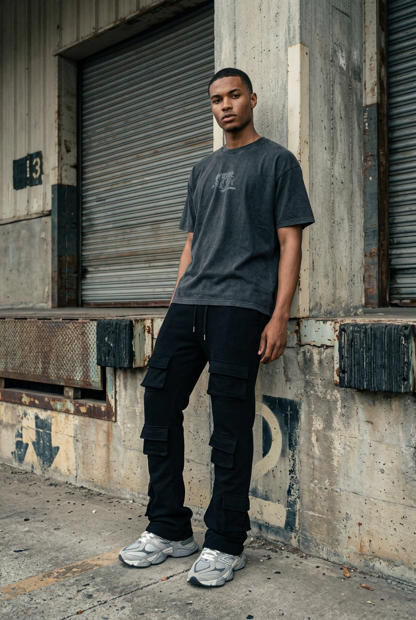 Young African American male model wearing the loose black joggers in a gritty urban industrial setting