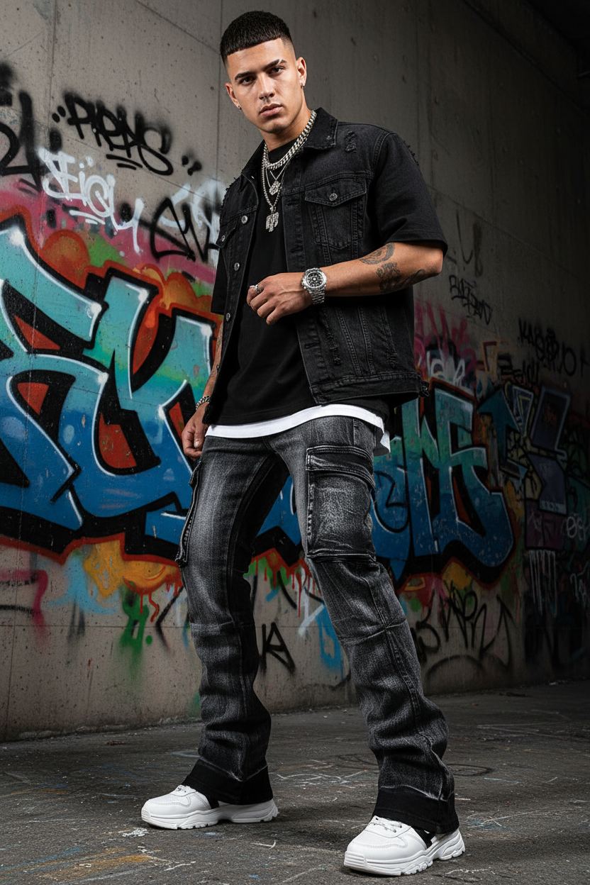 Young model wearing dark gray stacked flare cargo jeans